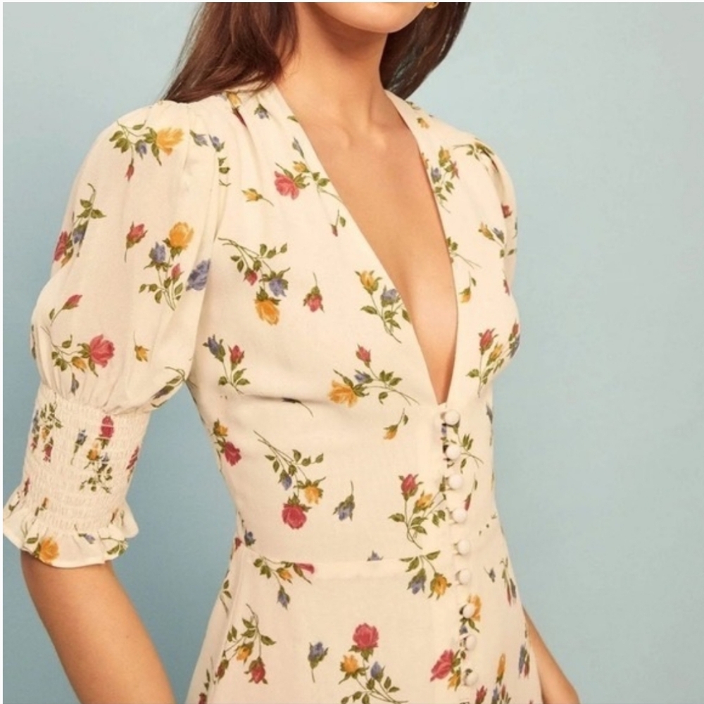 Reformation Alison Floral Cream Mini Dress with Button Detail - Picture 2 of 10